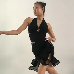 Stage Wear Latin Dance Clothes Women V Neck Halter Bodysuit Black Skirt Adult Rumba Samba Practice Salsa Dress DNV18405