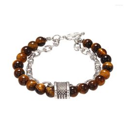 Strand 1PC Beaded Bracelet Gifts Stress Relief Natural Tigers Eye Obsidians Mens Bracelets 8mm Beads With Chain Male Jewellery