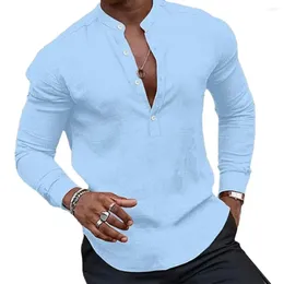 Men's Casual Shirts Fashion Shirt Henry Solid Color Half-open Button Stand Collar Muscular Tops Street Soft And Comfortable 2023