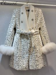 Women's Wool Blends Light Luxury Down Feather Liner Coat for Women Winter High-End Fashion Sequins Fox Fur Thick Warm Woollen Costs Jacket 231113