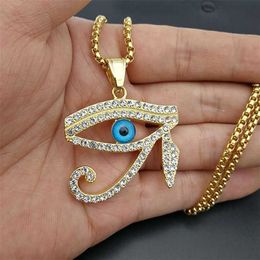 Pendant Necklaces Egyptian The Eye of Horus Pendant Necklace For Women/Men Stainless Steel Evil Eyes Necklace Iced Out Bling Hip Hop Egypt Jewelry T230413