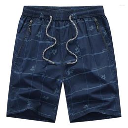 Men's Shorts Pure Cotton Men Beach Casual Summer Elastic Waist Drawstring Zipper Pocket Print Fashion Loose Big Size Blue Sport