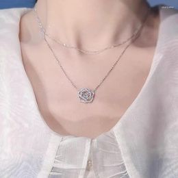 Chains Korean Ins Simple Hollow Full Diamond Camellia Necklace Rose Double Pendant 925 Sterling Silver Hypoallergenic Clavicle Chain