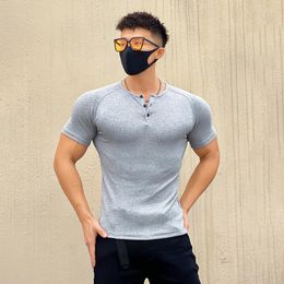 Men's T Shirts Crewneck Tight T-Shirt Summer Ribbed Sports Fitness Elastic Slim Short Sleeve Muscle Solid Color Casual Top Tee For Men