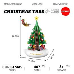 Blocks LED Light Christmas Tree Model Rotating Music Box Toys Building MOC City Xmas Santa Claus Bricks Creative Set For Kids 231114