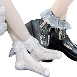 Women Socks Glass Fibre Mesh Crew Ruffled Floral Lace Polka Dot Hosiery 37JB