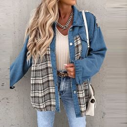 Womens Jackets Casual Autumn Winter Women Denim Coat Vintage Checker Printing Splice Lapel Long Sleeve Buttons Loose Top 231113