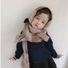 Scarves Wraps Korean Style Winter Children Knitted Geometry Scarves Velvet Earmuff 2pcs Warm Soft Sets Kids Shawl Earflap Suits Accessory 231114