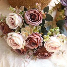 Decorative Flowers Wedding Decor High Quality Imitation Silk Roses Bouquet Bedroom Decoration Artificial Pink Purple Rose Fake Flower