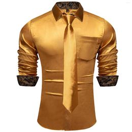 Men's Dress Shirts Yellow Golden Designer Stretch Satin Tuxedo With Ties Wedding Party Prom Luxury Long Sleeve Top Shirt Men Clothing