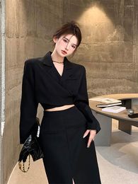 Work Dresses Two Piece Sets Womens Outifits Korean Short Long Sleeve Coat Split Half Length Skirt Solid Womans Clothes Fashion Black