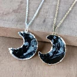 Pendant Necklaces Natural Black Obsidian Men Gold/Silver Color Crescent Moon Charm Choker Energy Healing Jewelry Accessories For Women