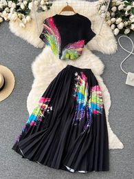 Work Dresses Printed Short T-shirt Top Two-piece Suit Women 2023 Autumn Gradient High Waist Pleated Skirt 15 Color H496