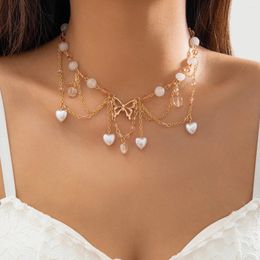 Chains Elegant Kpop Butterfly Imitation Pearl Love Heart Pendant Choker Necklace Women Tassel Chain Aesthetic Jewellery Wed Accessories