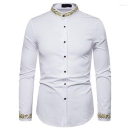 Men's Casual Shirts White Embroidery Mandarin Collar Shirt Men 2023 Brand Long Sleeve Button Up Mens Slim Fit Business Male XXL