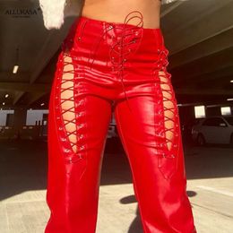 Women s Pants s woman pants High Waist Hollow Out Bandage Sexy Autumn Trend Leather Club Slim Streetwear Weird Puss Faux PU Y2K Trousers 231113