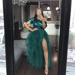 Stunning Emerald Green Tutu Skirt Long Prom Dresses High Split Tulle Evening Party Pageant Gown One Shoulder Sparkly Sequins Top