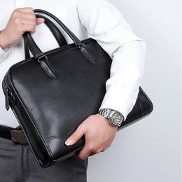 Briefcases Luufan Men Business Briefcase Black Genuine Leather 14" Laptop Handbag Cowhide Shoulder Messenge Bag For Male PC Daily Work Tote