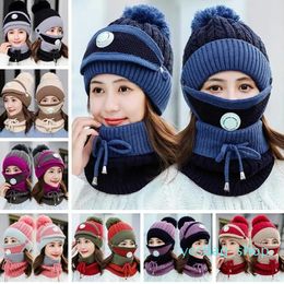 Stock Gestrickte Hüte Masken Schal Set Mützen Mit Ventil Maks Schal Winter Wolle Pompon Casual Hut Sets Party Hüte Halstücher liefert