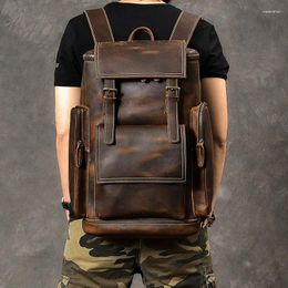 Backpack Vintage Crazy Horse Genuine Leather Men Bagpack Climbing Rucksack Male Large Hiking M814