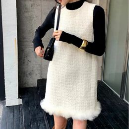 Dresses Women's autumn winter French tweed vest dress Small perfume Oriental hair Elegant simple chic white sleeveless dress 231114