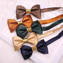 Bow Ties 12 6cm High-grade Pink Wine Red Solid Color Polyester Metal Double Happiness Bowtie For Groom Groomsman Wedding Necktie