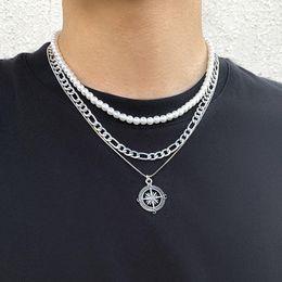 Choker 3 Pcs Layered Necklace For Men Vintage Round Compass Pendant Pearl Street Wear Hiphop Neck Jewellery Accessories