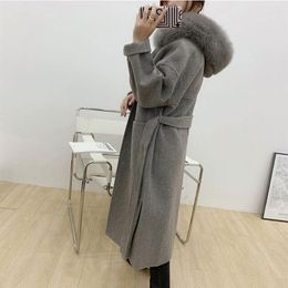 Women's Wool Cashmere Woolen Women Plus Size Coat Long Sleeve Real Fur Hooded Loose Casual Jacket Double-Sided Oversize Overcoat