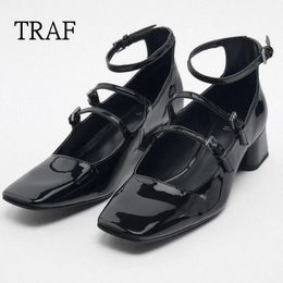 Dress Shoes TRAF Women Pumps High Heels Mary Jane Shoes For Woman Fashion Double Buckle Strap Leather Shoes Black Heels Women shoe 231114