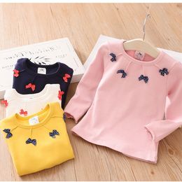 T-shirts Autumn Spring 3 4 6 8 10 12 Years Children Baby Solid Colour Basic Tops Kids Bowtie Long Sleeve T-Shirts For Kids Girls 230414