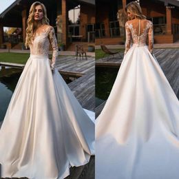 Wedding Dress Vintage Long Sleeve 2023 Pockets Lace Satin Bride Dresses With Vestido De Novia O-Neck