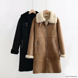 Women's Leather Winter Long Sheepskin Coat Womens Solid Casual Zipper Warm Faux Jackets Ladies Fur Collar Jakcets Black Khaki