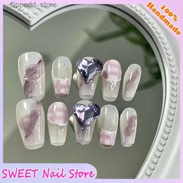 False Nails Purple Wearing Nails Tips Handmade Press on Nails Stickers Finished Diamond Accessories Color Hand Painting Nail Medium Ballet Q231114