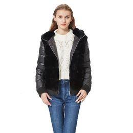 Women's Down Parkas Real Rex Rabbit Fur Coat With Hood Down Coat Jacket Sleeves Fur Bomber Jacket Real Fur Jacket Hooded With Down Fur Coat Women 231113