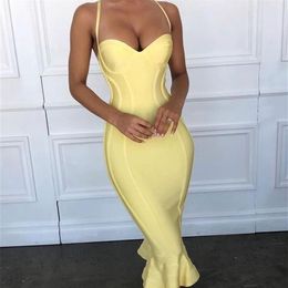 High Quality Pink Yellow Knee Length Rayon Bandage Dress Evening Party Elegant Dress Y2006231805