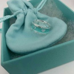 Designer original Tiffays S925 Sterling Silver Enamel heart-shaped ring womens advanced sense lake blue love couple pair personality