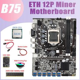 Motherboards -B75 BTC Mining Motherboard 12 USB G630 CPU RGB Fan DDR3 8GB 1600Mhz RAM 128G SSD Switch Cable SATA