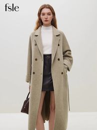 Women's Wool Blends FSLE 100% Wool Black Temperament Long Double Breasted Woollen Jackets 60.6% Wool 10.5% Silk Belt Design Female Beige Apricot Coat 231114