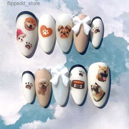 False Nails Lovely Dog Design Handmade False Nails Press On Nail Coffin Frosted Almond Fake Nail With Glue Customized Reusable Nail Tips Art Q231114