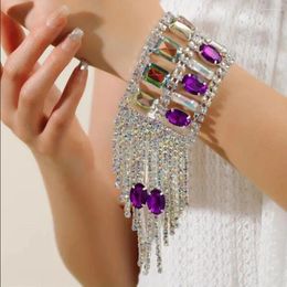 Charm Bracelets Luxury Rhinestone Crystal Purple Oval Pendant Long Fringed Hand Bracelet Wristband Chain Bangle Wedding Jewelry For Women