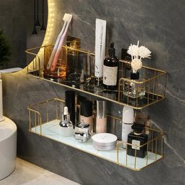 Bathroom Shelves Luxury Shelf without drilling Iron Wall with Marble style Glass Plate Makeup Storage Rack Accessories 230413