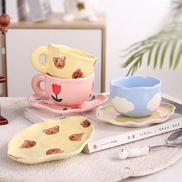 Cups Saucers Cute Hand Painted Tulip Bear Cloud Coffee And Handmade Irregular Ceramic Cup With Saucer Creative Latte Tea Set