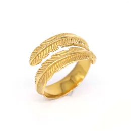 Cluster Rings European And American Fashion Stainless Steel Gold-plated Ring Is Not Allergic Personality Feather Leaf Adjustable