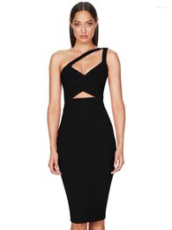 Casual Dresses Black White Bodycon Bandage Dress Women Sexy One Shoulder Hole High Waist Knee Length Celebrity Evening Club Party