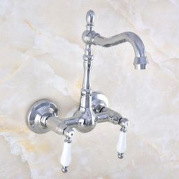 Kitchen Faucets Polished Chrome Brass Wall Mounted Bathroom Sink Faucet Swivel Spout Mixer Tap Dual Ceramics Handles Levers Mnf574