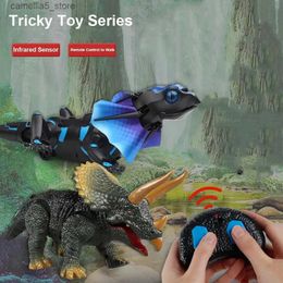 Electric/RC Animals RC Dinosaur Triceratops Lizard Animal Remote Control Sounds Dinobot Electric Walking Animals Toy Music Light Spray Toys Q231114