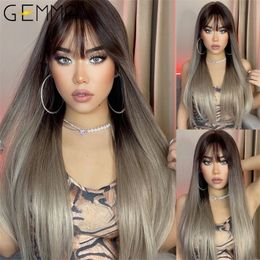 Synthetic Wigs GEMMA Long Straight Ombre Brown Grey Wig with Bangs for Women Cosplay Lolita Daily Party Heat Resistant Fibre 230413