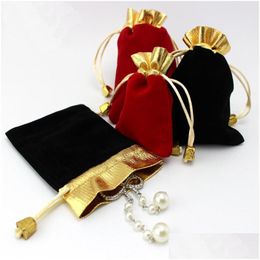 Jewelry Pouches Bags Black Red Veet Beaded Dstring Pouches 100Pcs/Lot 2Colors 2Sizes Packaging Christmas Gift Drop D Dhgarden Dhpyp