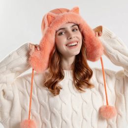Trapper Hats Women's Warm Earmuffs Thicken Ear-flapped Hat Female Winter Plush Fur Hat Cat Ears Cap Russian Bomber Hat for Women Bonnet 231113