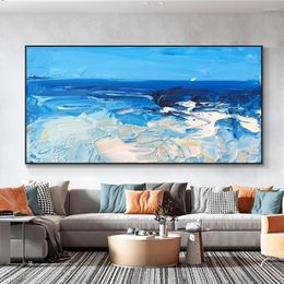 Pinturas abstratas de pintura de mar azul espesso abstrato Óleo pintado à mão na tela moderna arte de parede para decoração de quarto de casa